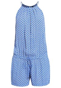 Combinaison courte bleu et blanc sans manches avec un motif géométrique floral, taille élastique avec cordon et fines bretelles.
