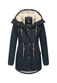 Dunkelblaues Parka-Jackett mit Futter aus Faux-Fur, verstellbarem Kordelzug in der Taille, Druckknöpfen und kontrastierenden braunen Akzenten im Hardware-Bereich.