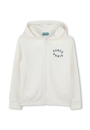 White zip-up hoodie with a hood and kangaroo pockets. Features “KENZO PARIS” embroidered in navy on the left side. Soft fabric texture.