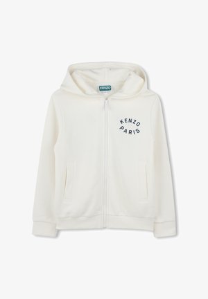 Felpa bianca con zip, cappuccio e tasche a marsupio. Presenta "KENZO PARIS" ricamato in blu navy sul lato sinistro. Tessuto morbido.