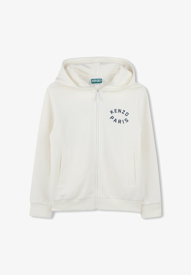 Felpa bianca con zip, cappuccio e tasche a marsupio. Presenta "KENZO PARIS" ricamato in blu navy sul lato sinistro. Tessuto morbido.