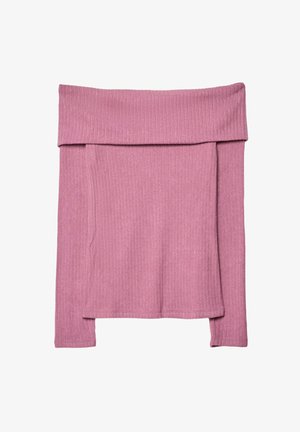 Top a coste, con spalle scoperte in morbido tessuto rosa. Presenta un colletto ripiegato e fessure laterali, offrendo una vestibilità rilassata e una texture interessante.