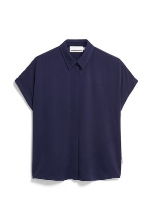 Marineblaue Bluse mit kurzen Ärmeln, Knopfleiste, klassischem Kragen und einem glatten, leichten Stoff. Schlichte, entspannte Silhouette.