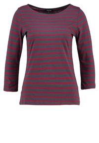 T-shirt a maniche lunghe in cotone morbido grigio con sottili strisce orizzontali rosse e scollatura rotonda. Cuciture piatte per il massimo comfort.