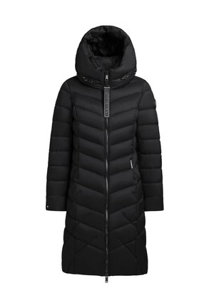 Black puffer coat with a high collar, featuring a diagonal quilted pattern, long sleeves, and a full front zipper. Smooth fabric texture.
