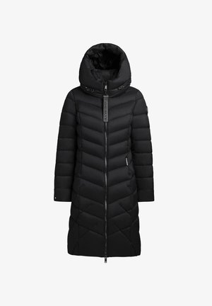 Crni puffer kaput s visokim ovratnikom, s dijagonalnim kvisanim uzorkom, dugim rukavima i punim središnjim zatvaračem. Glatka tekstura tkanine.