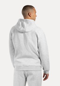 Helle graue Kapuzensweatshirt mit weicher Textur, gerippten Bündchen und Saum sowie einer Kängurutasche. Die Rückansicht zeigt die Form und Dicke der Kapuze.