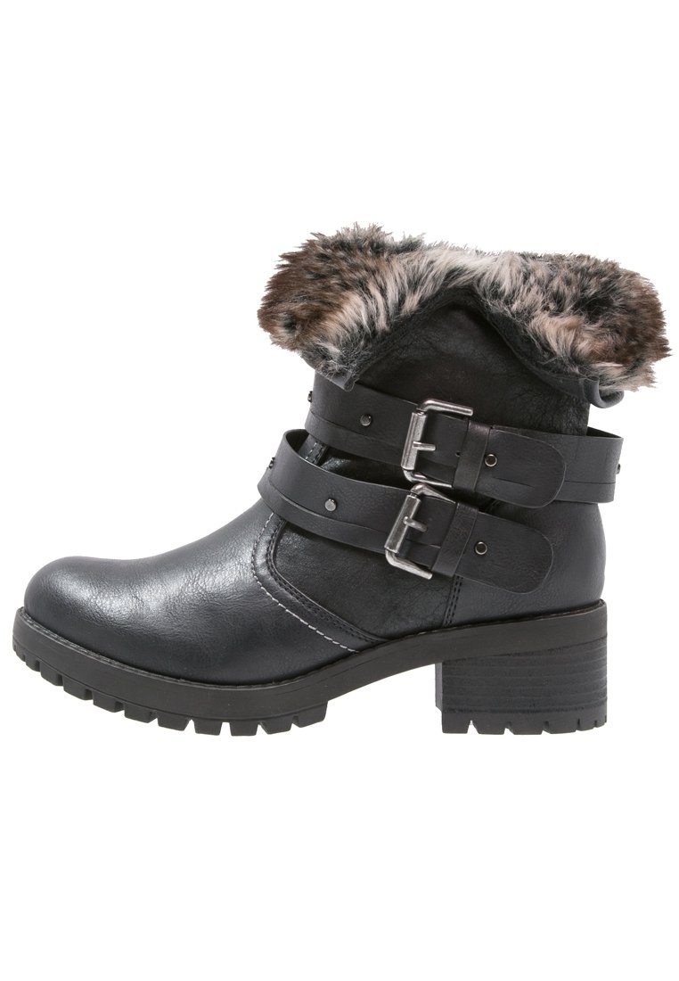 Černé kožené kotníkové boty z umělé kůže s robustním podpatkem, vybavené dvěma nastavitelnými pásky a límcem podšitým kožešinou. Viditelné dekorativní švy.