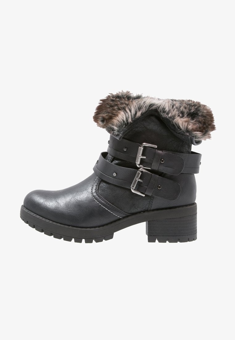 Černé kožené kotníkové boty z umělé kůže s robustním podpatkem, vybavené dvěma nastavitelnými pásky a límcem podšitým kožešinou. Viditelné dekorativní švy.