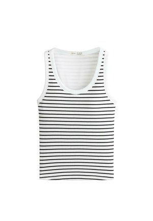 Débardeur blanc sans manches en côtes avec des rayures horizontales noires et un col rond.