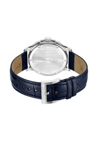 Reloj Cerruti 1881 con caja de acero inoxidable, correa de cuero azul, superficie texturizada y acentos en plata en la parte posterior del reloj. Resistente al agua hasta 30m.