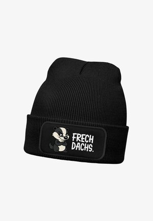 Black knit beanie featuring a folded cuff with a patch displaying a cartoon badger and the text "FRECH DACHS." on a black background.
