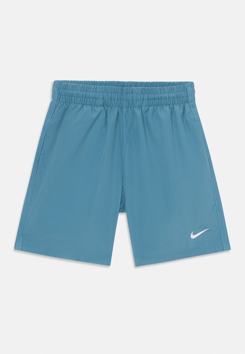 Šviesiai mėlyni trumpi šortai, pagaminti iš lygaus, lengvo audinio. Savybė - elastingas juosmuo ir baltas Nike logotipo akcentas. Kišenių nėra.