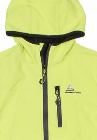 Veste verte citron avec capuche, dotée d'une doublure noire, d'une fermeture éclair frontale et d'un logo. Tissu texturé avec des coutures visibles et des poches zippées.