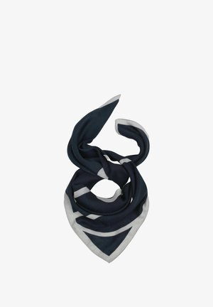 Navy-blue Schal aus weichem Stoff, mit dreieckiger Form und hellgrauen diagonalen Streifen entlang der Kanten.