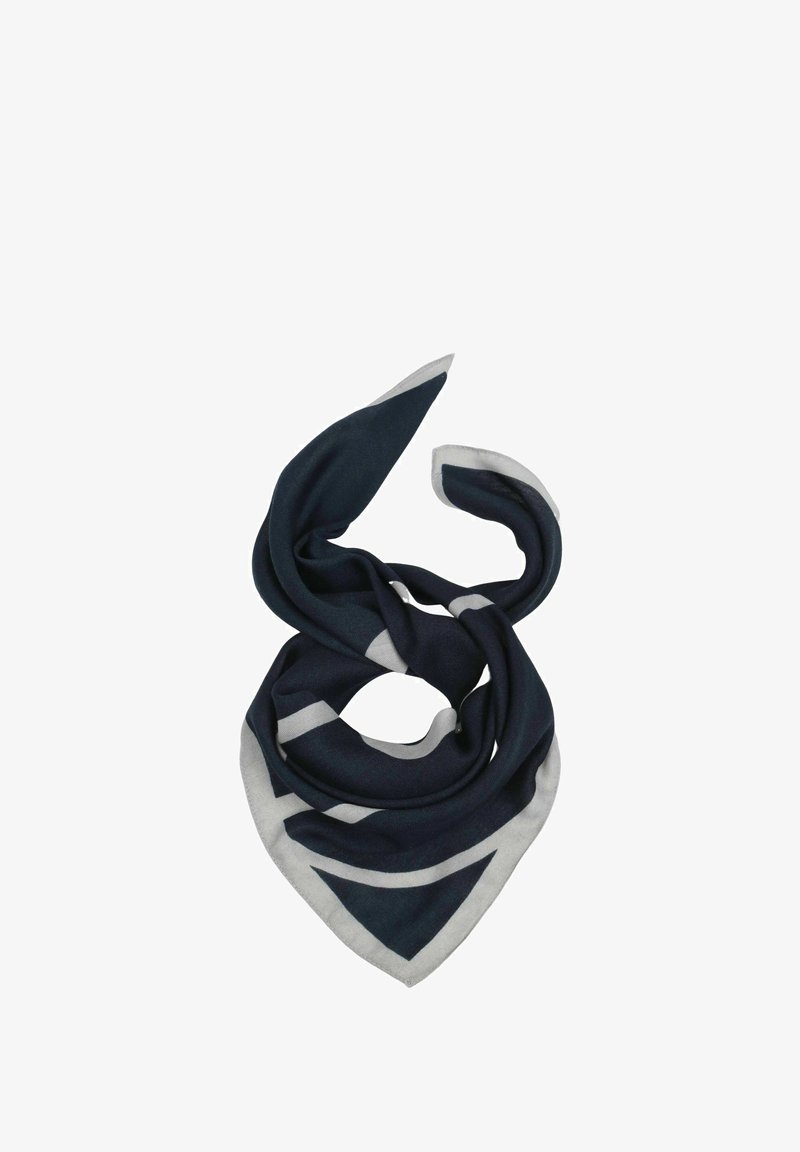 Navy-blue Schal aus weichem Stoff, mit dreieckiger Form und hellgrauen diagonalen Streifen entlang der Kanten.