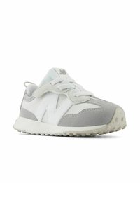 Gray and white sneaker with a combination of mesh and suede materials, featuring round laces, a padded collar, and textured rubber sole.