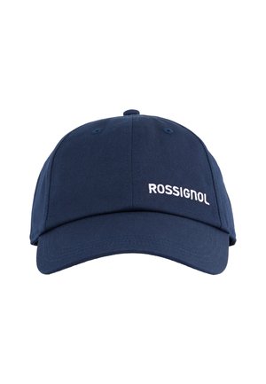 Granatowa czapka bejsbolowa z zakrzywionym daszkiem i białym haftem "ROSSIGNOL" na środku przodu.
