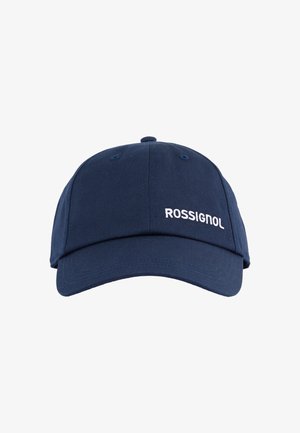 Granatowa czapka bejsbolowa z zakrzywionym daszkiem i białym haftem "ROSSIGNOL" na środku przodu.