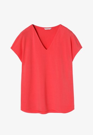 Korallenfarbendes V-Ausschnitt-T-Shirt mit kurzen Ärmeln, aus weichem Stoff gefertigt, mit lockerer Passform und abgerundetem Saum, ohne Muster oder Verzierungen.