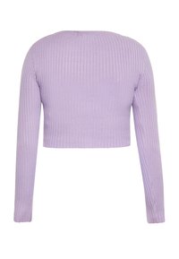 Crop top a maniche lunghe lilla a coste con scollo rotondo. Presenta un design aderente e un tessuto testurizzato con linee verticali.