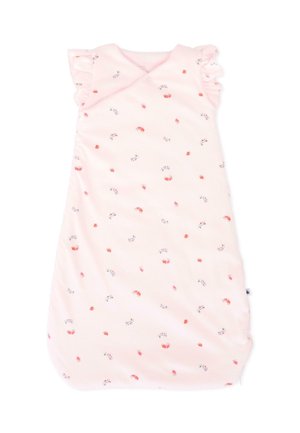 Sacco nanna morbido rosa per neonati con piccoli motivi floreali rossi e rosa e maniche svolazzanti, progettato per comfort e calore.