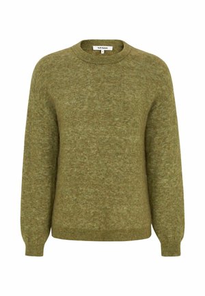 Maglione verde oliva a maglia con scollo rotondo, maniche lunghe e polsini e orlo a coste. Texture morbida con un motivo mélange sottile.