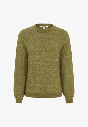 Maglione verde oliva a maglia con scollo rotondo, maniche lunghe e polsini e orlo a coste. Texture morbida con un motivo mélange sottile.