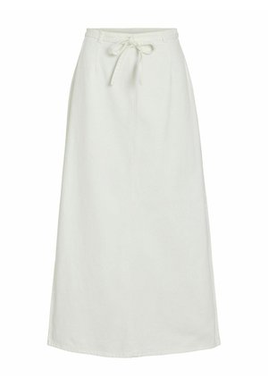Weißer langer Rock aus leichtem Stoff mit gebundenem Bund. Verfügt über einen geraden Schnitt und eine subtile Textur. Keine sichtbaren Muster oder Beschläge.