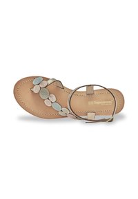 Sandal in pelle beige con accenti circolari decorativi in blu, rosa chiaro e argento testurizzato. Fascetta alla caviglia regolabile per una vestibilità ottimale.