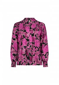 Long-sleeve blouse in purple floral print on black background, featuring a high neckline and pleated detailing at the front. Soft fabric texture.