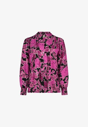 Langärbluse mit einem floralen Muster in Pink auf schwarzem Hintergrund, mit hohem Ausschnitt und gerafften Details an den Schultern.