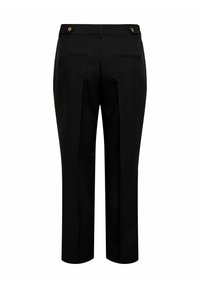 Pantalon noir sur mesure avec une coupe droite, doté de deux poches arrière et de boutons décoratifs à la taille. Texture lisse.