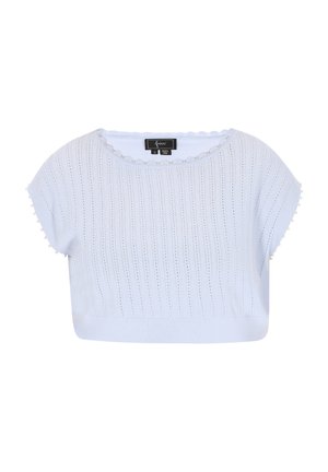 Hele sinine lühikeste varrukatega kampsun ribakanga tekstuuriga, lainelise kaeluse ja väikeste pom-pom aktsentidega varrukatel. Valmistatud pehmest materjalist.