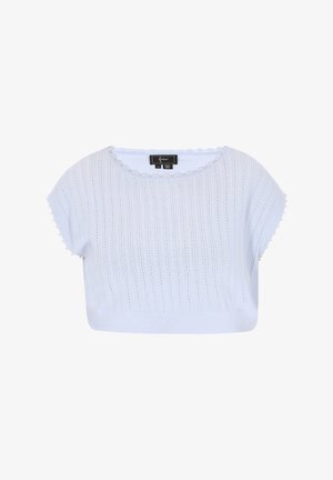 Hele sinine lühikeste varrukatega kampsun ribakanga tekstuuriga, lainelise kaeluse ja väikeste pom-pom aktsentidega varrukatel. Valmistatud pehmest materjalist.