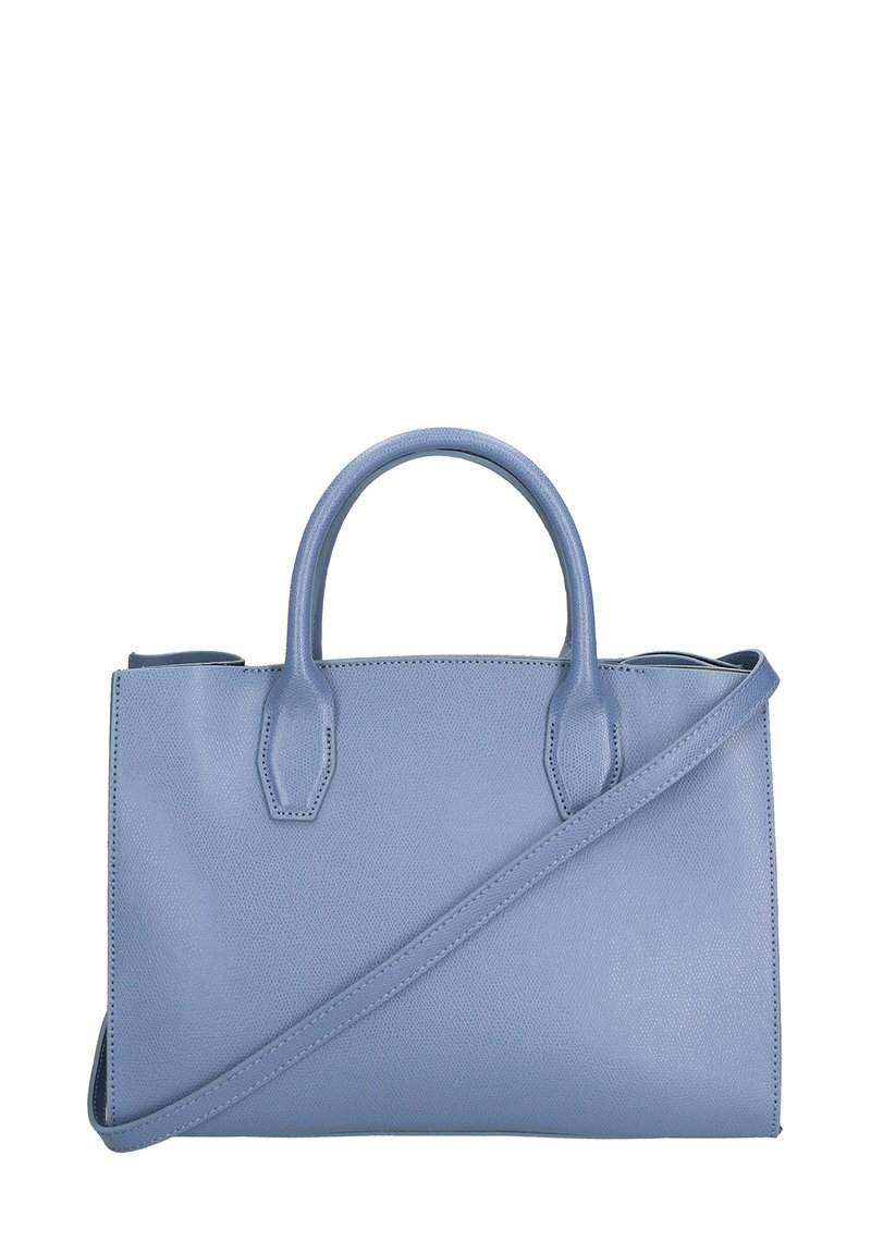 Borsa a mano in pelle azzurra con doppi manici superiori e tracolla staccabile. Presenta un design strutturato e una superficie testurizzata per una migliore presa.