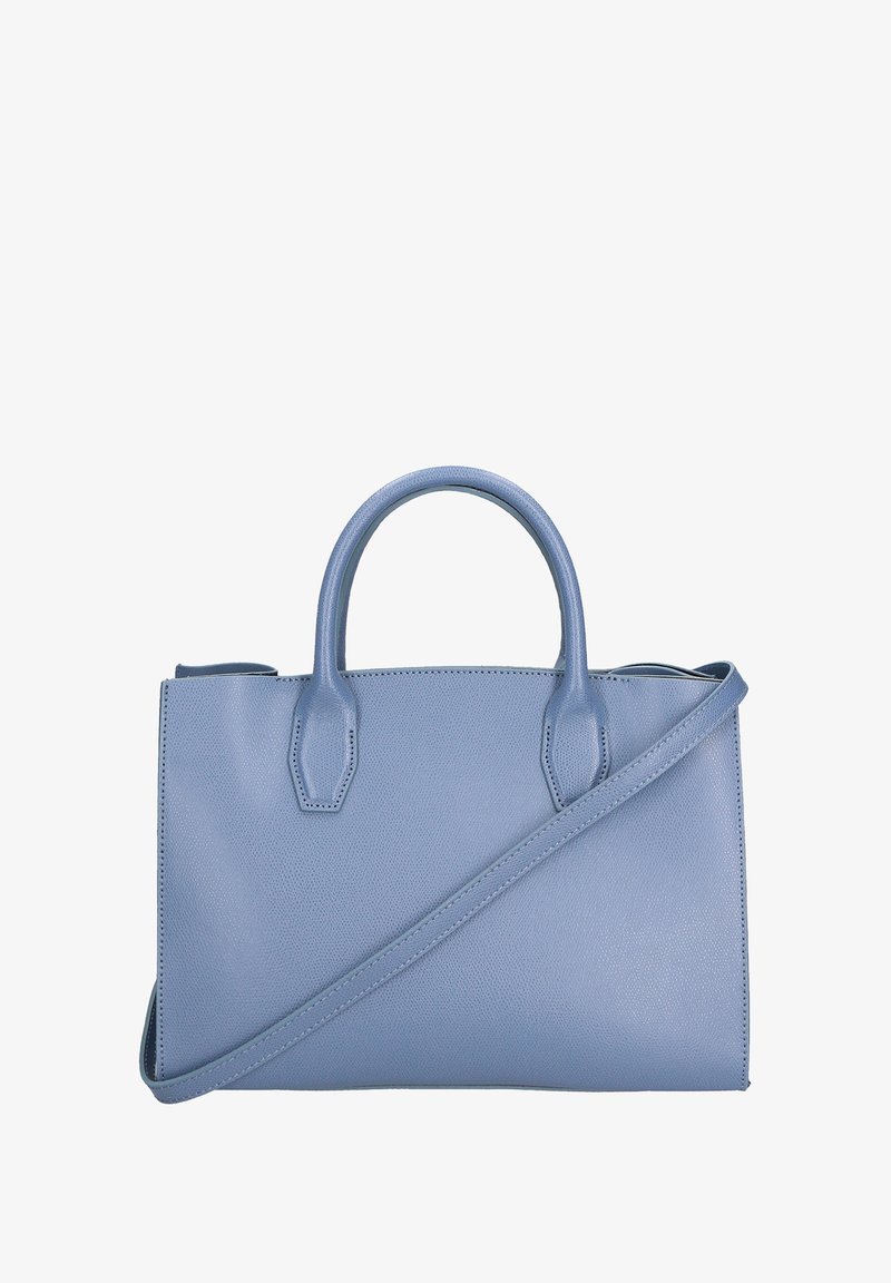 Borsa a mano in pelle azzurra con doppi manici superiori e tracolla staccabile. Presenta un design strutturato e una superficie testurizzata per una migliore presa.