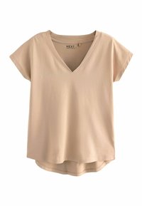 Beżowy T-shirt z krótkim rękawem i dekoltem w serek, wykonany z miękkiego materiału, z zaokrąglonym dołem i luźnym krojem dla komfortu. Metka widoczna przy szyi.