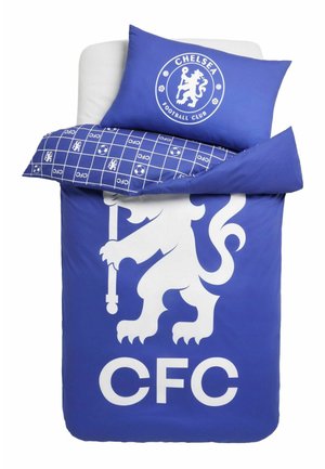 Bedding set with blue and white Chelsea Football Club logo, including a lion and "CFC" letters on the duvet and patterned pillowcase.
