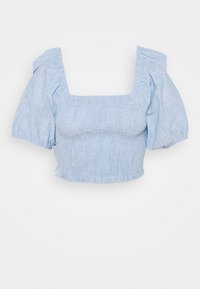 Top corto azzurro chiaro con corpetto arricciato, scollatura quadrata e maniche a sbuffo. Realizzato in tessuto texturizzato con orlo arricciato.