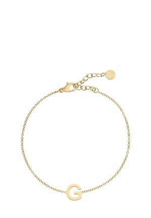 Delicate gouden kettingarmband met een hoofdletter "G" bedel en een verstelbare sluiting met een klein rond hangtag detail.