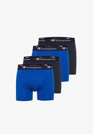 Vier Paar Herren-Boxershorts in abwechselndem Blau und Schwarz, jeweils mit einem schwarzen Bund, der das Champion-Logo in Weiß und Rot zeigt.