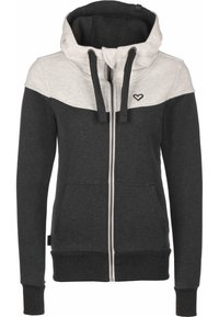 Sudadera con capucha en negro y gris, con cierre de cremallera, bolsillos delanteros y tela texturizada con un pequeño logo en el pecho.