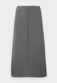 Jupe crayon grise en tissu doux, avec une silhouette droite, un design sans coutures, et une couture centrale au dos pour la structure.