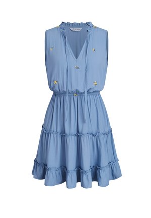 Mouwloze blauwe jurk met gerimpelde kraag, gelaagde rok, elastische taille en kleine gele bloemrijke borduursels overal.