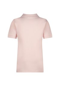 Polo shirt rosa con maniche corte, colletto classico e texture morbida e liscia. Design semplice, senza motivi visibili o dettagli hardware.