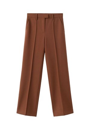 Pantalones marrones de pierna ancha con frente plisado, hechos de un tejido texturizado, que cuentan con bolsillos laterales y una cintura con trabillas para cinturón.