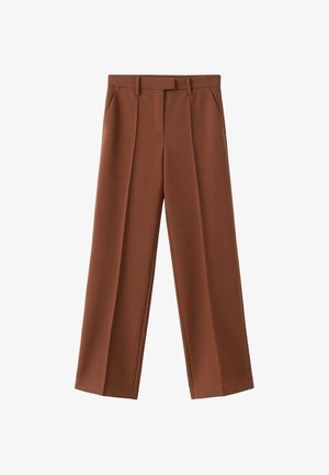 Braune weite Hosen mit gefaltetem Bund, aus strukturiertem Stoff, mit Seitentaschen und einem Taillenbund mit Gürtelschlaufen.