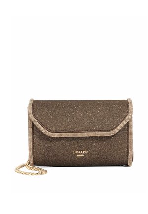 Petit sac pochette rectangulaire marron foncé pailleté avec bordure dorée, chaîne dorée et logo « Dune » sur le rabat avant.