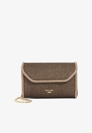 Kleine rechthoekige donkerbruine glitter clutch met gouden biezen, gouden kettingband en "Dune"-logo op de voorklep.